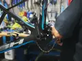 Mechanik reguluje ustawienie przedniej przerzutki w rowerze szosowym BH.