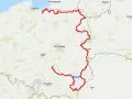 Mapa Polski z zaznaczoną na czerwono najdłuższą ścieżką rowerową w Polsce, biegnącą od Bałtyku przez Warszawę po okolice Krakowa i Lwowa.