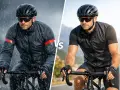 Kolarz w deszczu w kurtce softshell na rower kontra kolarz w słońcu w kamizelce.