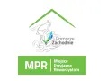Logo z rowerzystą i napisem "Pomorze Zachodnie". Poniżej zielony prostokąt z napisem "MPR Miejsce Przyjazne Rowerzystom".