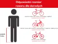 Wykres pokazuje, jak dobrać rozmiar ramy roweru dla dorosłych, mnożąc wysokość kroku przez odpowiedni współczynnik dla rowerów szosowych, trekkingowych lub górskich.