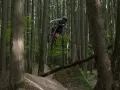 Kolarz MTB w powietrzu na leśnych trasach.