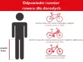 Ilustracja pokazuje, jak dobrać rozmiar roweru do wzrostu i wysokości kroku. Podano wzory dla rowerów szosowych, trekkingowych i górskich.