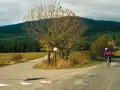 Rowerzysta mija znak drogowy, kierując się w stronę Babiej Góry.