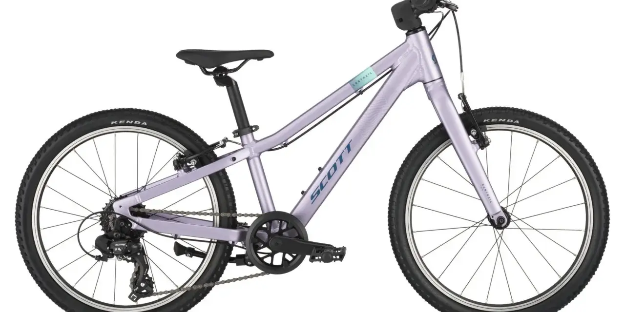 Liliowy rower Scott Contrail 20 cali, idealny dla dziecka o wzroście ok. 115-135 cm.