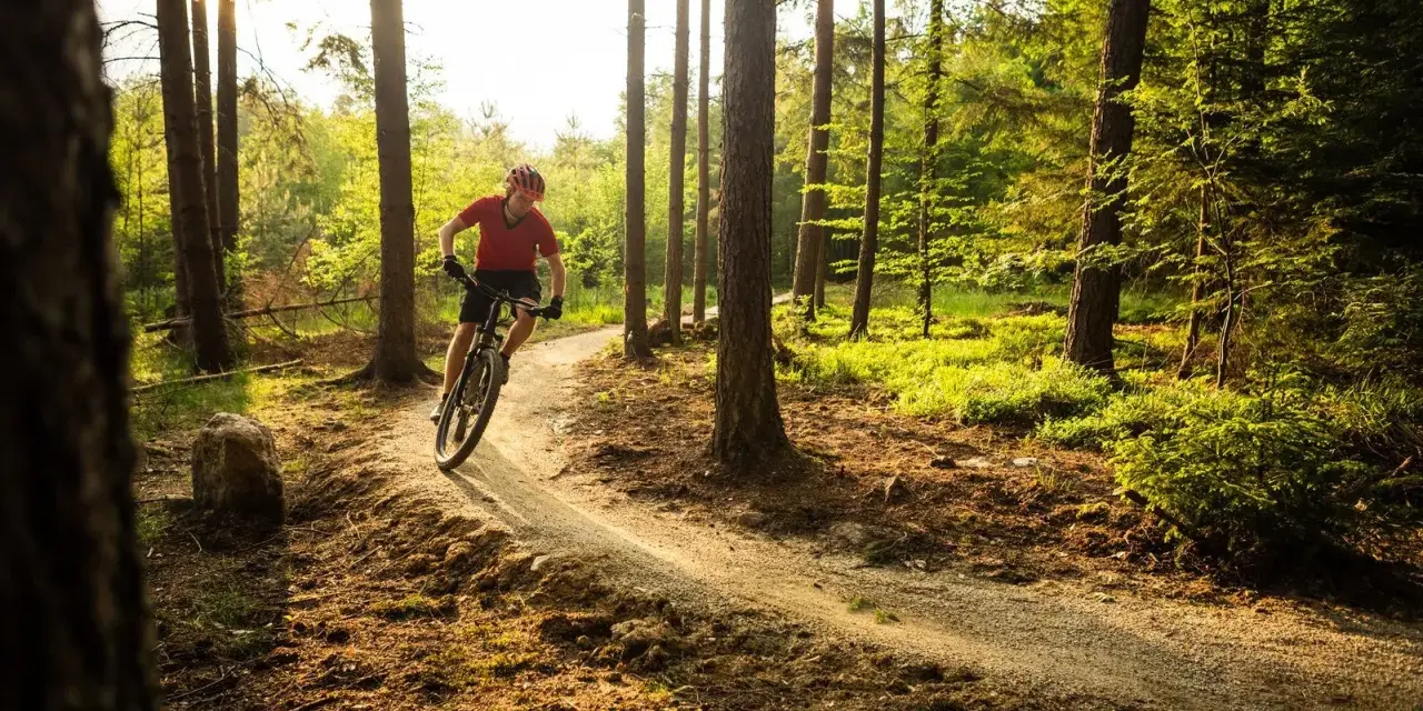 Rowerzysta na ścieżce w lesie, słońce przebija się przez drzewa. Trzebinia trasa zaprasza do aktywnego wypoczynku.