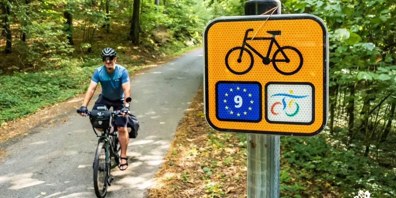 Rowerzysta na leśnej drodze, obok znak szlaku rowerowego krajowego z symbolem UE.
