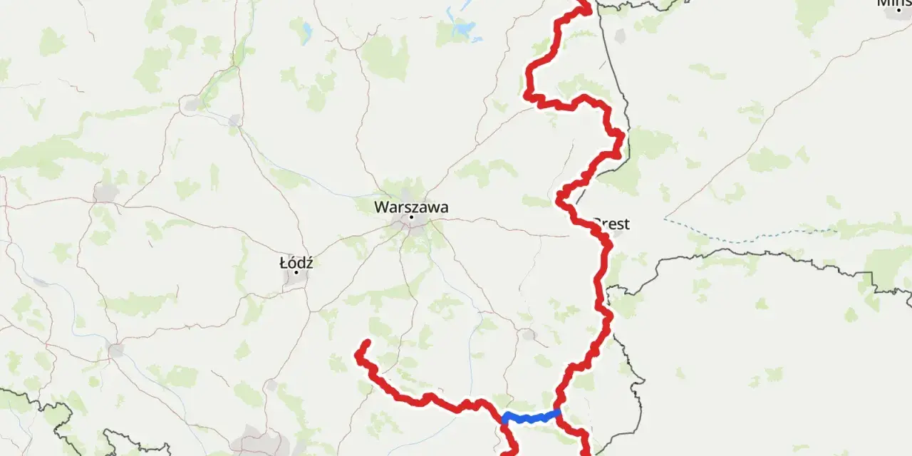 Mapa Polski z zaznaczoną na czerwono najdłuższą ścieżką rowerową w Polsce, biegnącą od Bałtyku przez Warszawę po okolice Krakowa i Lwowa.