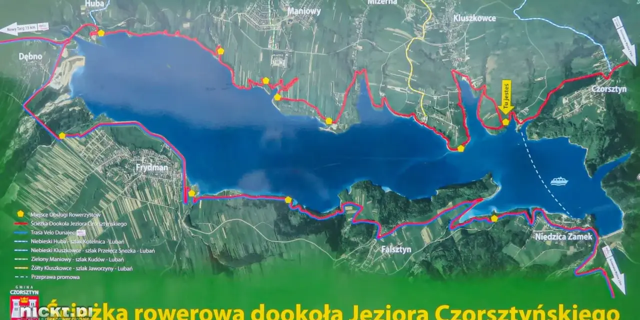 Mapa szlaków rowerowych wokół Jeziora Czorsztyńskiego. Trasa Velo Dunajec i inne ścieżki rowerowe, miejsca obsługi rowerzystów.