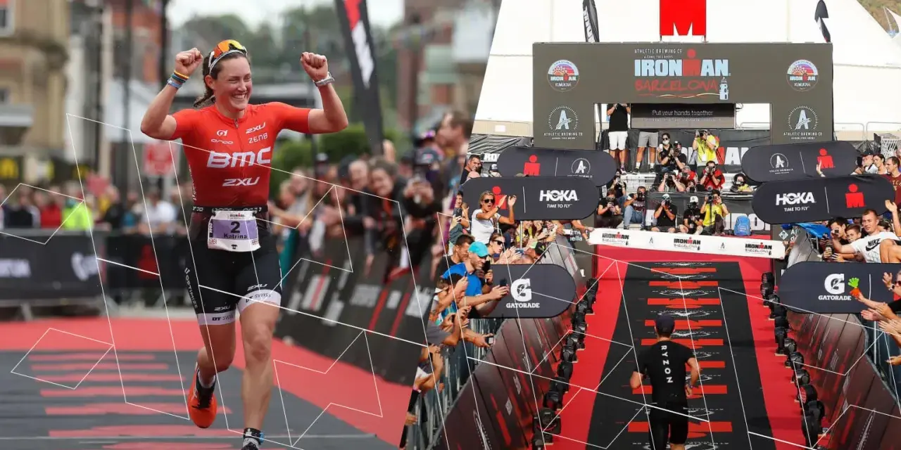 Kobieta triumfuje na mecie Ironman Barcelona, celebrując zasady wytrwałości i determinacji.