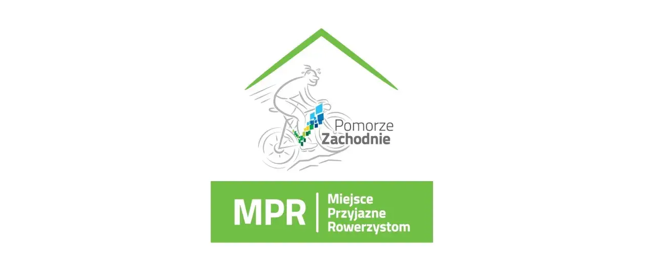 Logo z rowerzystą i napisem "Pomorze Zachodnie". Poniżej zielony prostokąt z napisem "MPR Miejsce Przyjazne Rowerzystom".