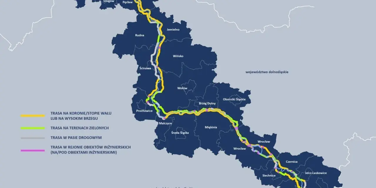 Mapa pokazuje trasę rowerową wzdłuż Odry, z zaznaczonymi różnymi typami dróg i miejscowościami.