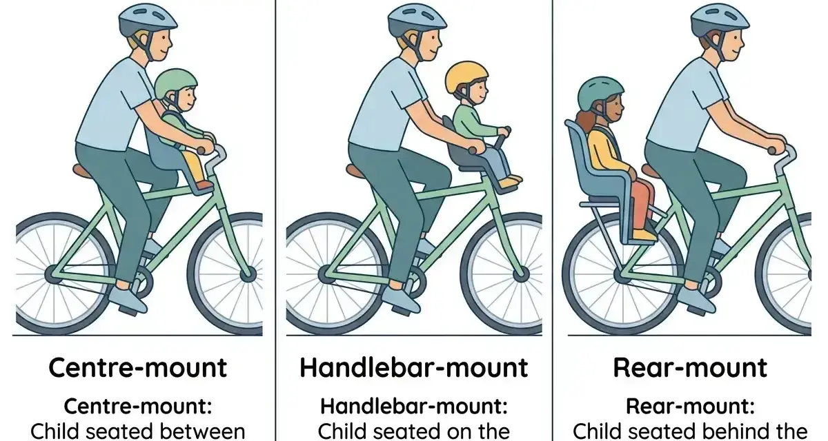 Ilustracja pokazuje trzy sposoby montażu fotelika rowerowego: na środku, na kierownicy i z tyłu.