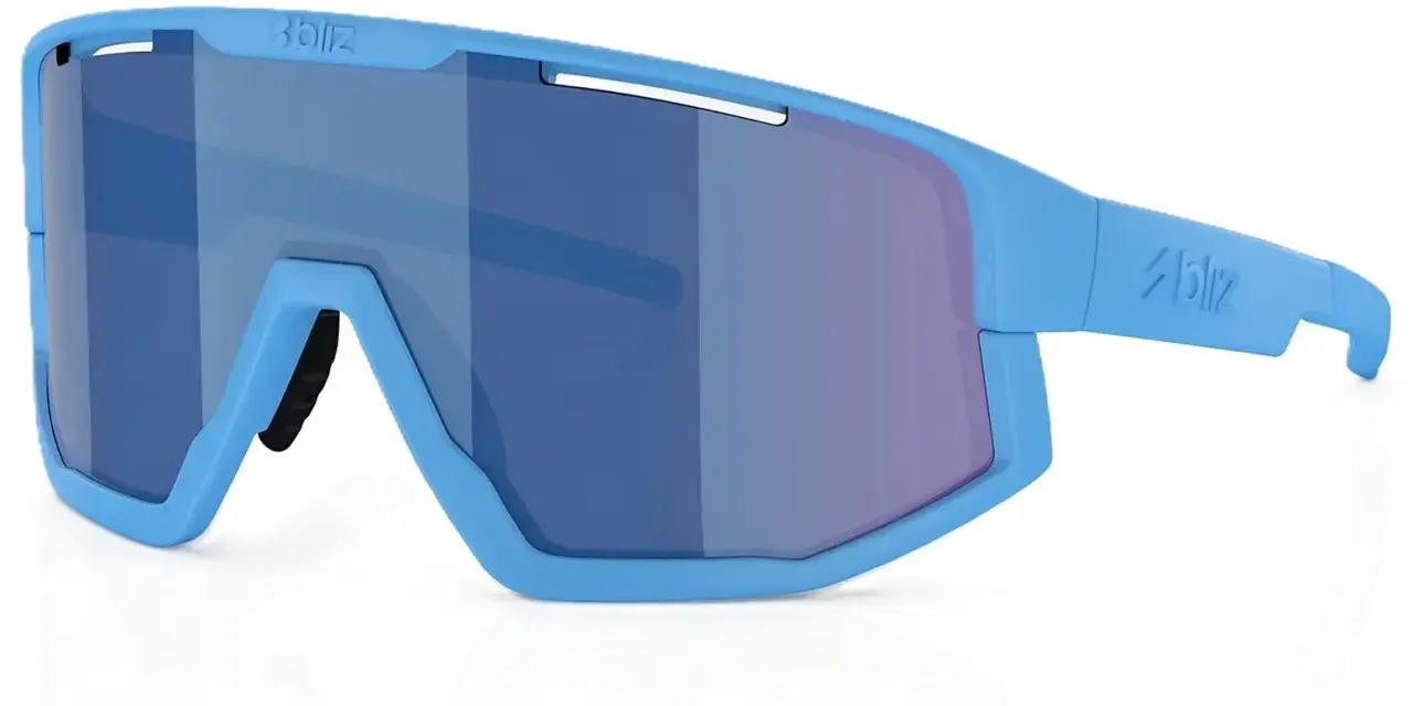 Niebieskie okulary sportowe Bliz Fusion z lustrzanymi soczewkami. Idealne do ochrony oczu podczas aktywności na świeżym powietrzu.