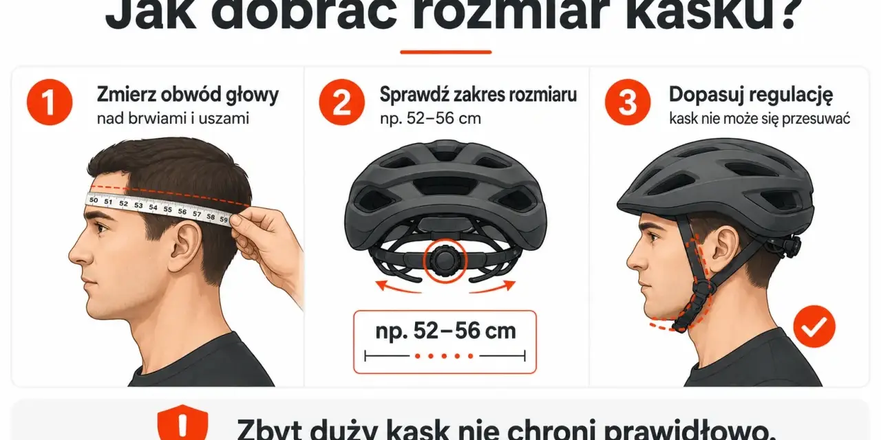 Jak dobrać kask rowerowy: zmierz obwód głowy, sprawdź zakres rozmiaru i dopasuj regulację. Pamiętaj, by kask nie przesuwał się.