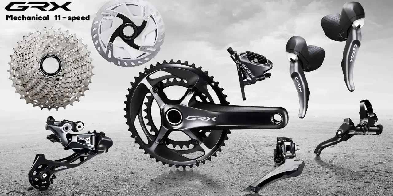 Komponenty rowerowe Shimano GRX: kaseta, korba, przerzutki, hamulce i manetki. Grupa GRX stworzona do jazdy gravelowej.