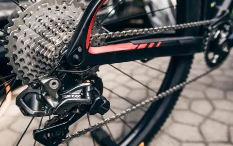 Błyszczący wolnobieg i kaseta Shimano XTR na rowerze górskim. Precyzyjna mechanika napędu gotowa na wyzwania.