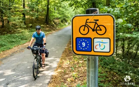 Rowerzysta na leśnej drodze, obok znak szlaku rowerowego krajowego z symbolem UE.