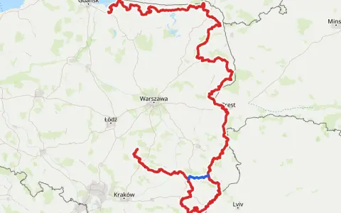 Mapa Polski z zaznaczoną na czerwono najdłuższą ścieżką rowerową w Polsce, biegnącą od Bałtyku przez Warszawę po okolice Krakowa i Lwowa.