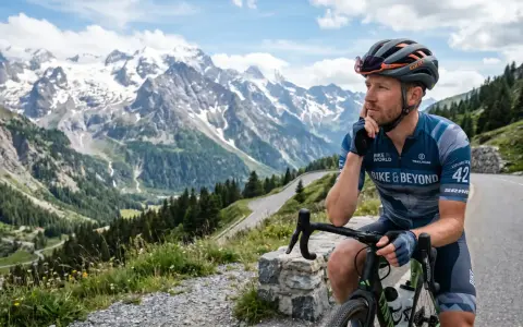 Kolarz w kasku i stroju Bike & Beyond odpoczywa na trasie w Dolinie Chochołowskiej, podziwiając majestatyczne, ośnieżone szczyty.