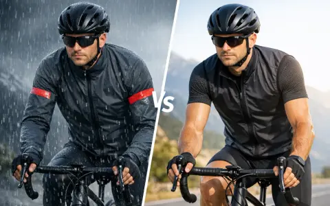 Kolarz w deszczu w kurtce softshell na rower kontra kolarz w słońcu w kamizelce.