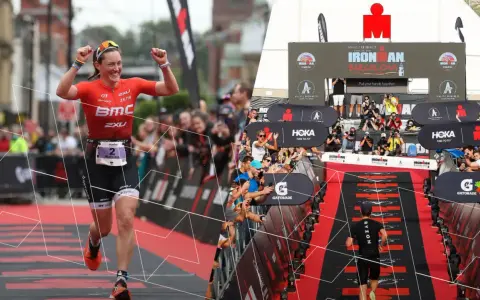 Kobieta triumfuje na mecie Ironman Barcelona, celebrując zasady wytrwałości i determinacji.