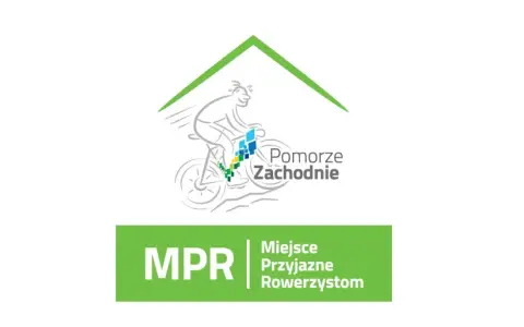 Logo z rowerzystą i napisem "Pomorze Zachodnie". Poniżej zielony prostokąt z napisem "MPR Miejsce Przyjazne Rowerzystom".