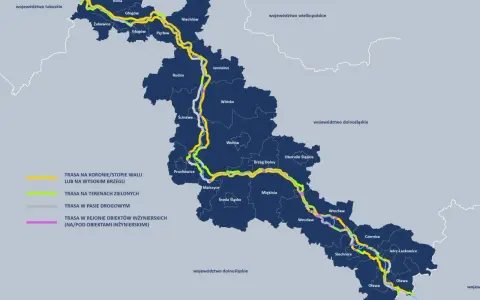 Mapa pokazuje trasę rowerową wzdłuż Odry, z zaznaczonymi różnymi typami dróg i miejscowościami.