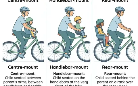 Ilustracja pokazuje trzy sposoby montażu fotelika rowerowego: na środku, na kierownicy i z tyłu.