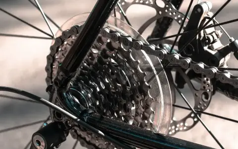 Zbliżenie na kasetę zębatek i łańcuch roweru z przerzutkami Shimano. Dowiedz się, jak naciągnąć łańcuch w rowerze z przerzutkami Shimano.