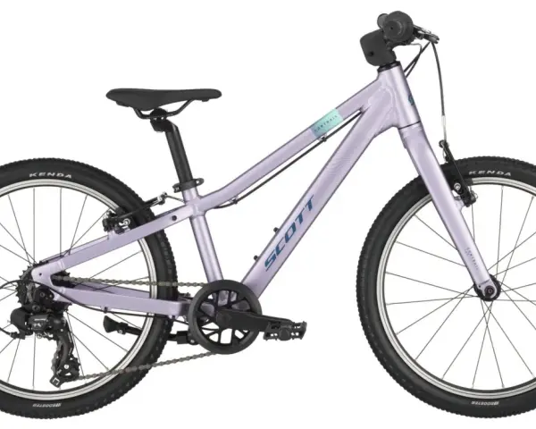 Liliowy rower Scott Contrail 20 cali, idealny dla dziecka o wzroście ok. 115-135 cm.