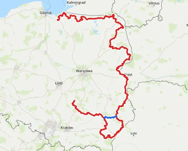 Mapa Polski z zaznaczoną na czerwono najdłuższą ścieżką rowerową w Polsce, biegnącą od Bałtyku przez Warszawę po okolice Krakowa i Lwowa.