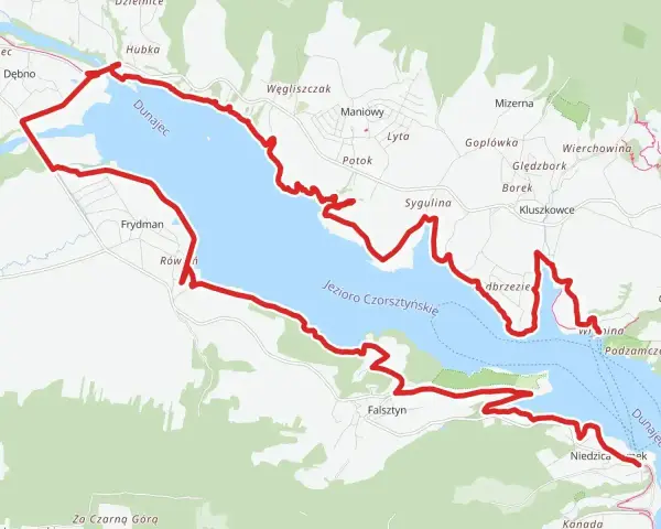 Trasa rowerowa velo dunajec wokół Jeziora Czorsztyńskiego, z widokiem na Dunajec i okoliczne miejscowości.