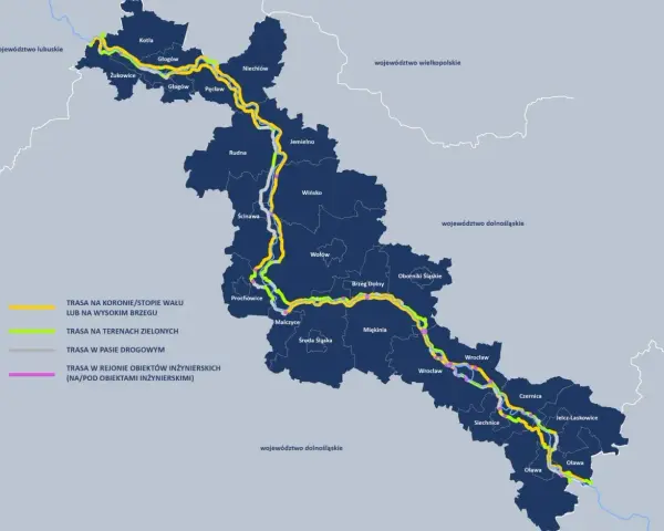 Mapa pokazuje trasę rowerową wzdłuż Odry, z zaznaczonymi różnymi typami dróg i miejscowościami.