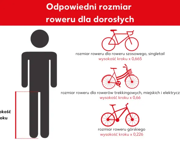 Wykres pokazuje, jak dobrać rozmiar ramy roweru dla dorosłych, mnożąc wysokość kroku przez odpowiedni współczynnik dla rowerów szosowych, trekkingowych lub górskich.
