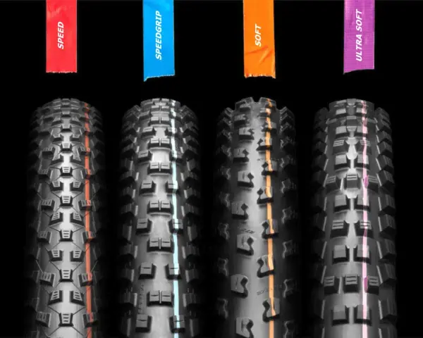 Cztery opony rowerowe z różnymi bieżnikami: SPEED, SPEEDGRIP, SOFT, ULTRA SOFT. Rozmiar 42-622.