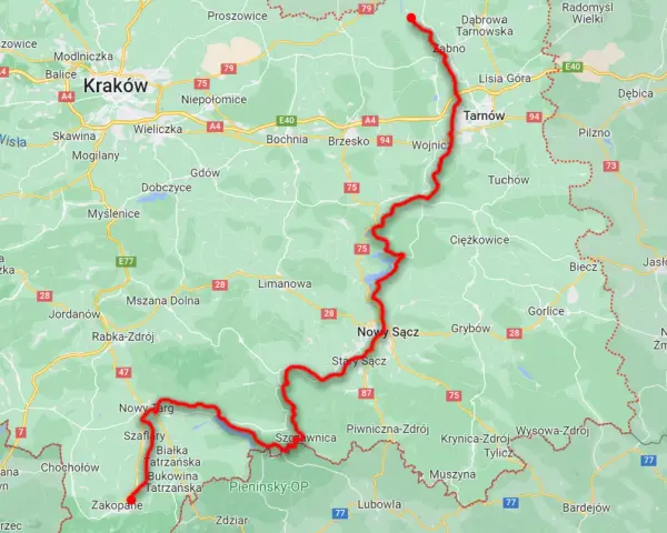 Mapa z zaznaczoną trasą rowerową wiodącą przez malownicze tereny, w tym okolice Nowego Sącza.