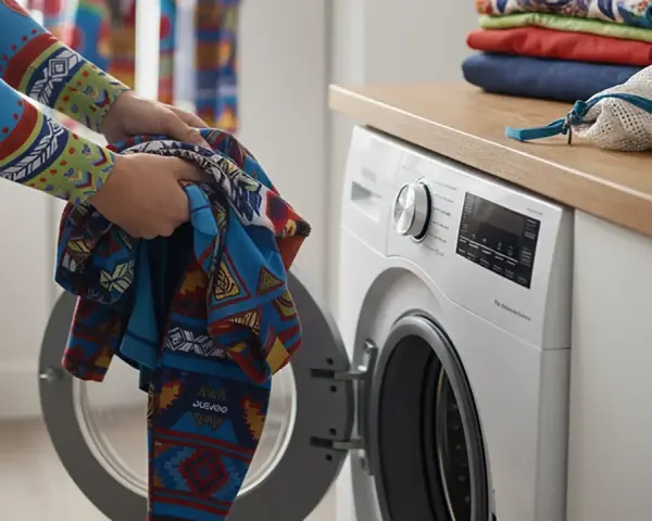 Ręce wkładają kolorową odzież termiczną do otwartej pralki. Dowiedz się, jak prać odzież termiczną, by służyła latami.