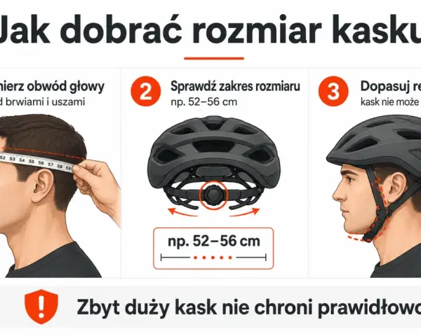 Jak dobrać kask rowerowy: zmierz obwód głowy, sprawdź zakres rozmiaru i dopasuj regulację. Pamiętaj, by kask nie przesuwał się.