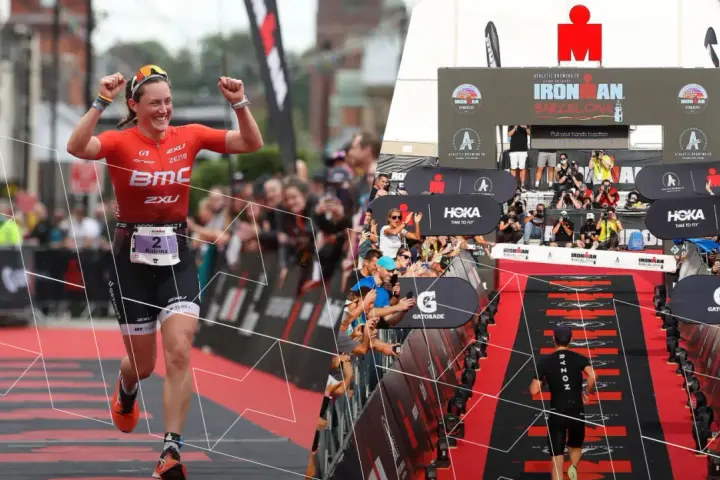 Kobieta triumfuje na mecie Ironman Barcelona, celebrując zasady wytrwałości i determinacji.