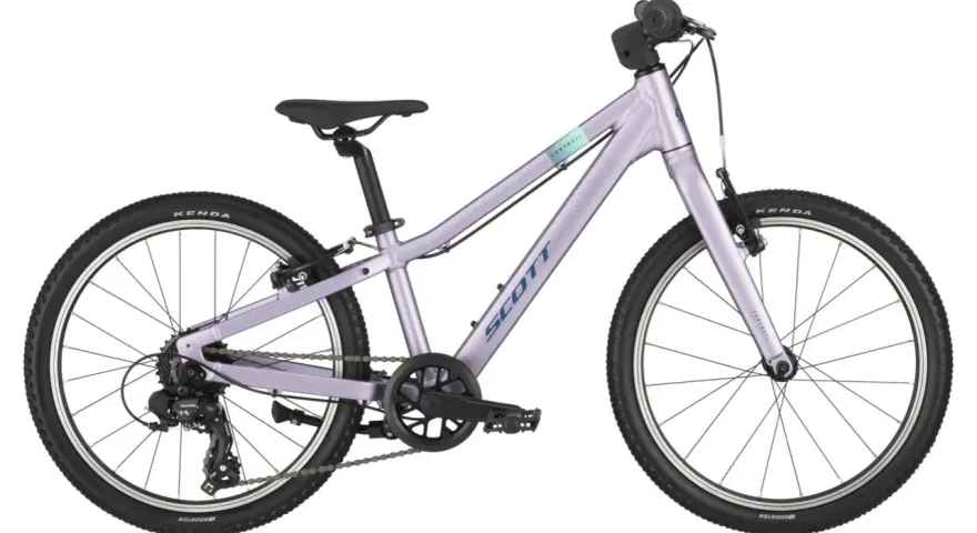 Liliowy rower Scott Contrail 20 cali, idealny dla dziecka o wzroście ok. 115-135 cm.