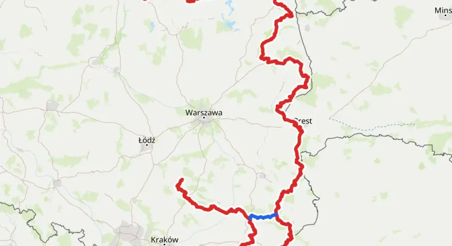 Mapa Polski z zaznaczoną na czerwono najdłuższą ścieżką rowerową w Polsce, biegnącą od Bałtyku przez Warszawę po okolice Krakowa i Lwowa.