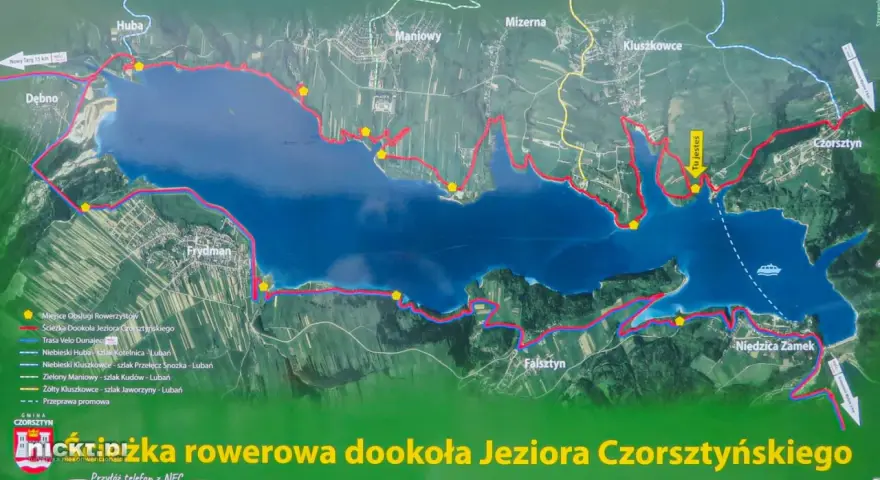 Mapa szlaków rowerowych wokół Jeziora Czorsztyńskiego. Trasa Velo Dunajec i inne ścieżki rowerowe, miejsca obsługi rowerzystów.
