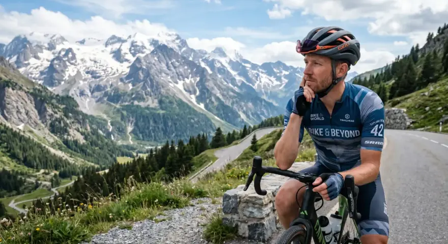 Kolarz w kasku i stroju Bike & Beyond odpoczywa na trasie w Dolinie Chochołowskiej, podziwiając majestatyczne, ośnieżone szczyty.