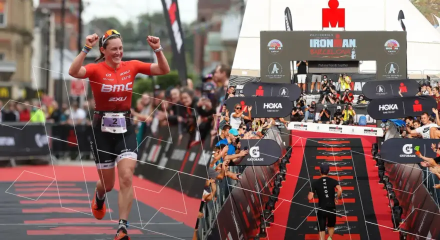 Kobieta triumfuje na mecie Ironman Barcelona, celebrując zasady wytrwałości i determinacji.