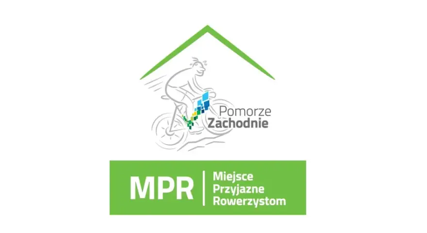 Logo z rowerzystą i napisem "Pomorze Zachodnie". Poniżej zielony prostokąt z napisem "MPR Miejsce Przyjazne Rowerzystom".