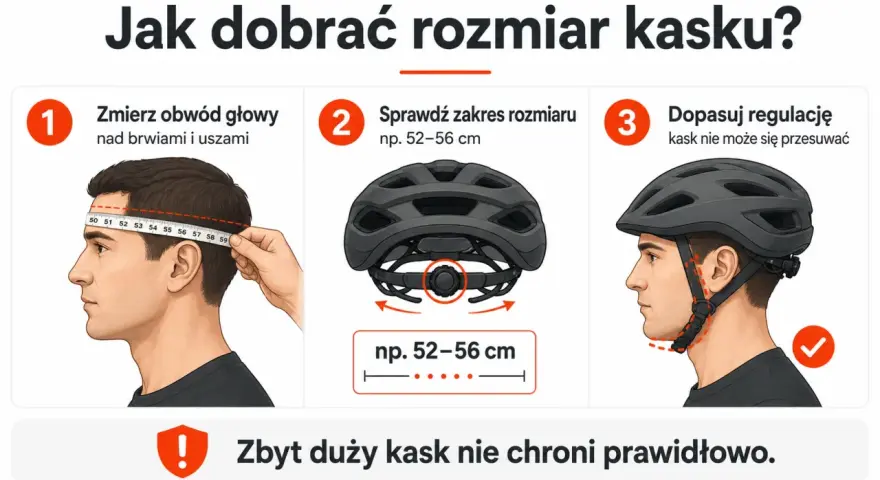 Jak dobrać kask rowerowy: zmierz obwód głowy, sprawdź zakres rozmiaru i dopasuj regulację. Pamiętaj, by kask nie przesuwał się.