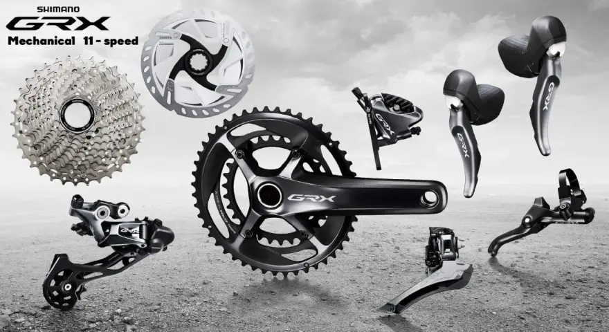 Komponenty rowerowe Shimano GRX: kaseta, korba, przerzutki, hamulce i manetki. Grupa GRX stworzona do jazdy gravelowej.