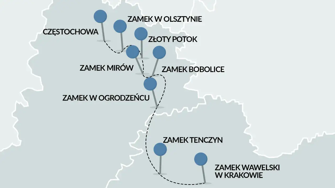 Mapa z zaznaczonymi zamkami na Szlaku Orlich Gniazd rowerem: Częstochowa, Zamek Olsztyn, Złoty Potok, Mirów, Bobolice, Ogrodzieniec, Tenczyn, Wawel w Krakowie.