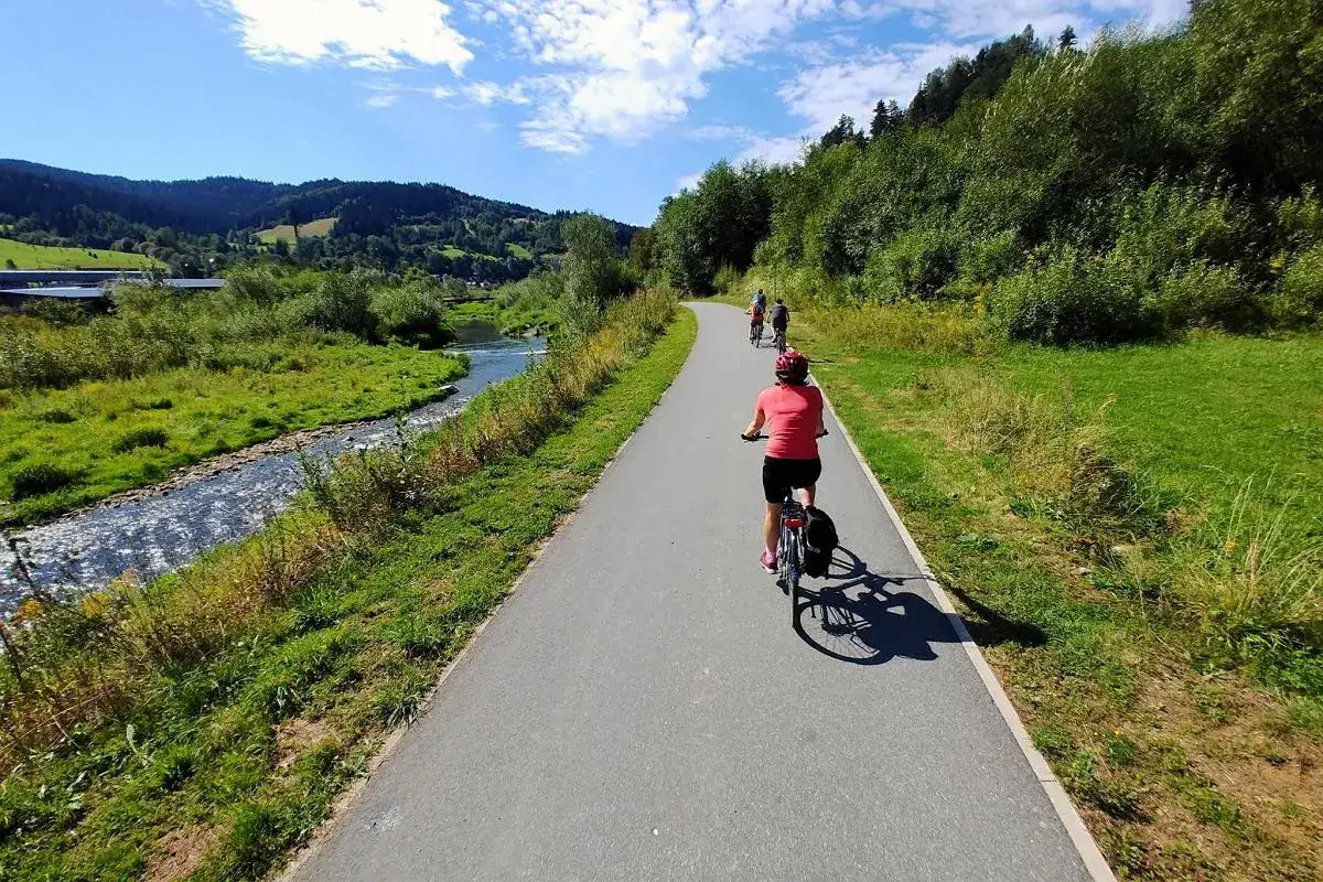 Grupa rowerzyst&oacute;w przemierza malowniczą trasę velo Poprad wzdłuż rzeki, otoczeni zielonymi wzg&oacute;rzami i bujną roślinnością.